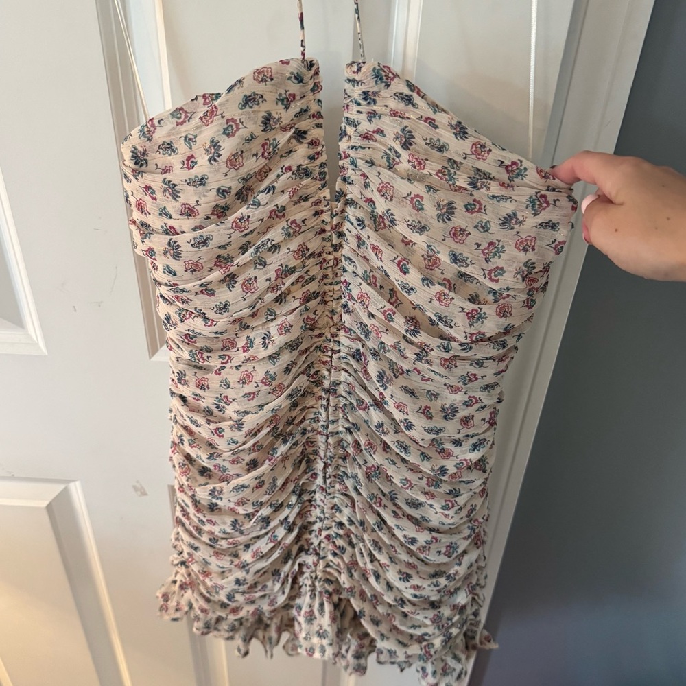 Zara Cream Floral Ruched Mini Dress with Pink and Blue Bouquet Print